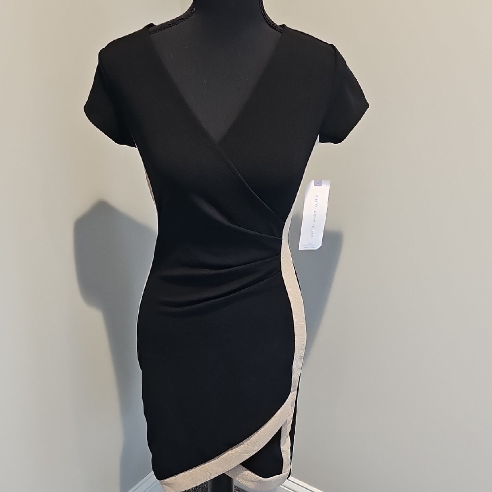 Almost Famous Black Tan Asymmetrical Ruched Dress